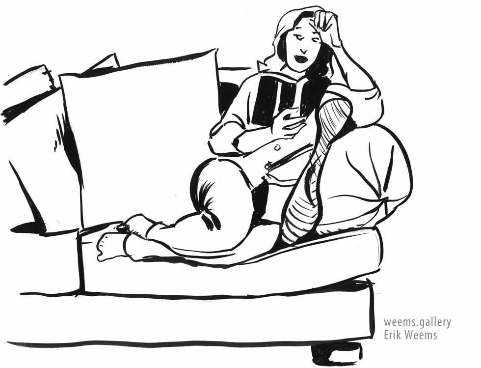 Reading on the couch in ink